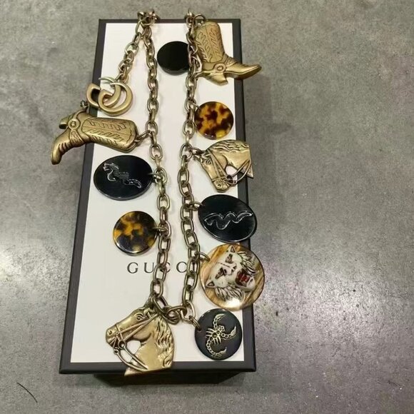 NIB Authentic Gucci  Metal Resin GG Chain Cowboy Charms Belt Gold Black Tortoise - Picture 1 of 5